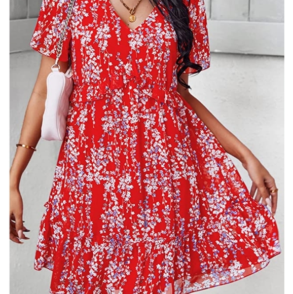 Women’s Summer Dress Ruffle V Neck Tunic Dress Floral Casual Loose flowy dress - Picture 5 of 11